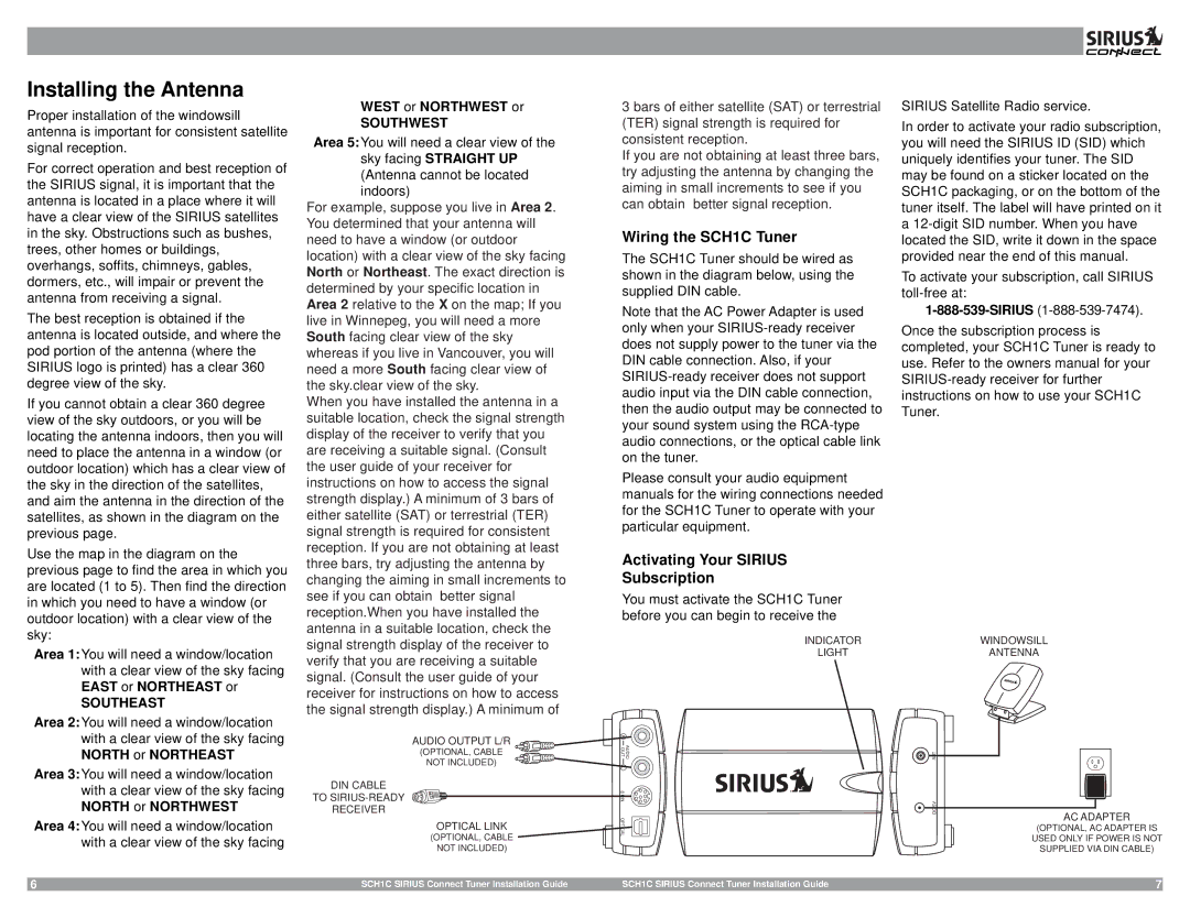 Sirius Satellite Radio 3SIR-ALP10T Installing the Antenna, Wiring the SCH1C Tuner, Activating Your Sirius Subscription 
