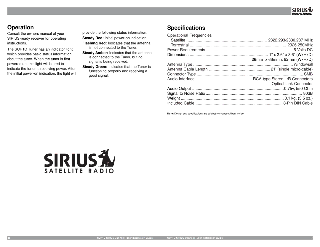 Sirius Satellite Radio 3SIR-ALP10T manual Operation, Specifications 