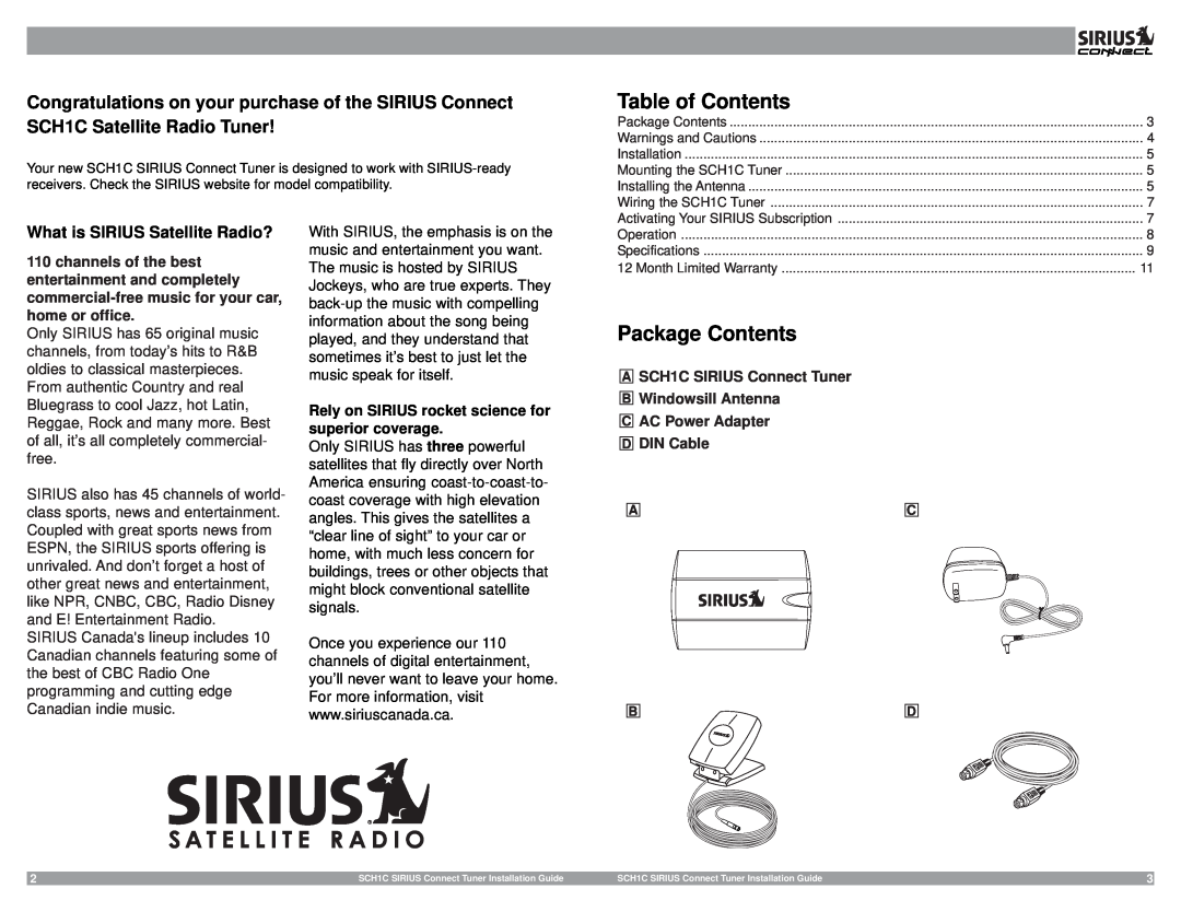 Sirius Satellite Radio 3SIR-ALP10T Table of Contents, Package Contents, ASCH1C SIRIUS Connect Tuner BWindowsill Antenna 