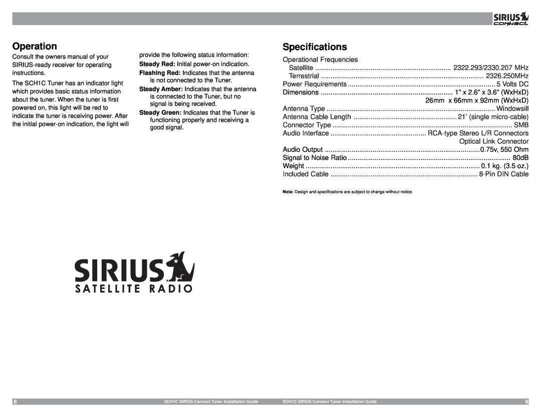 Sirius Satellite Radio 3SIR-ALP10T manual Operation, Specifications 