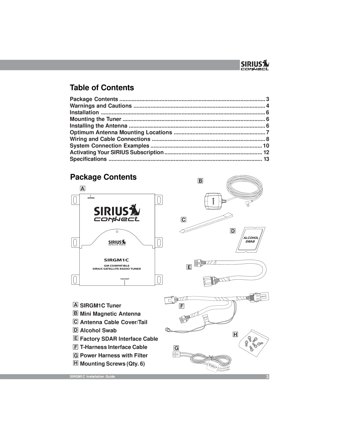 Sirius Satellite Radio 3SIR-GM1 manual Table of Contents 