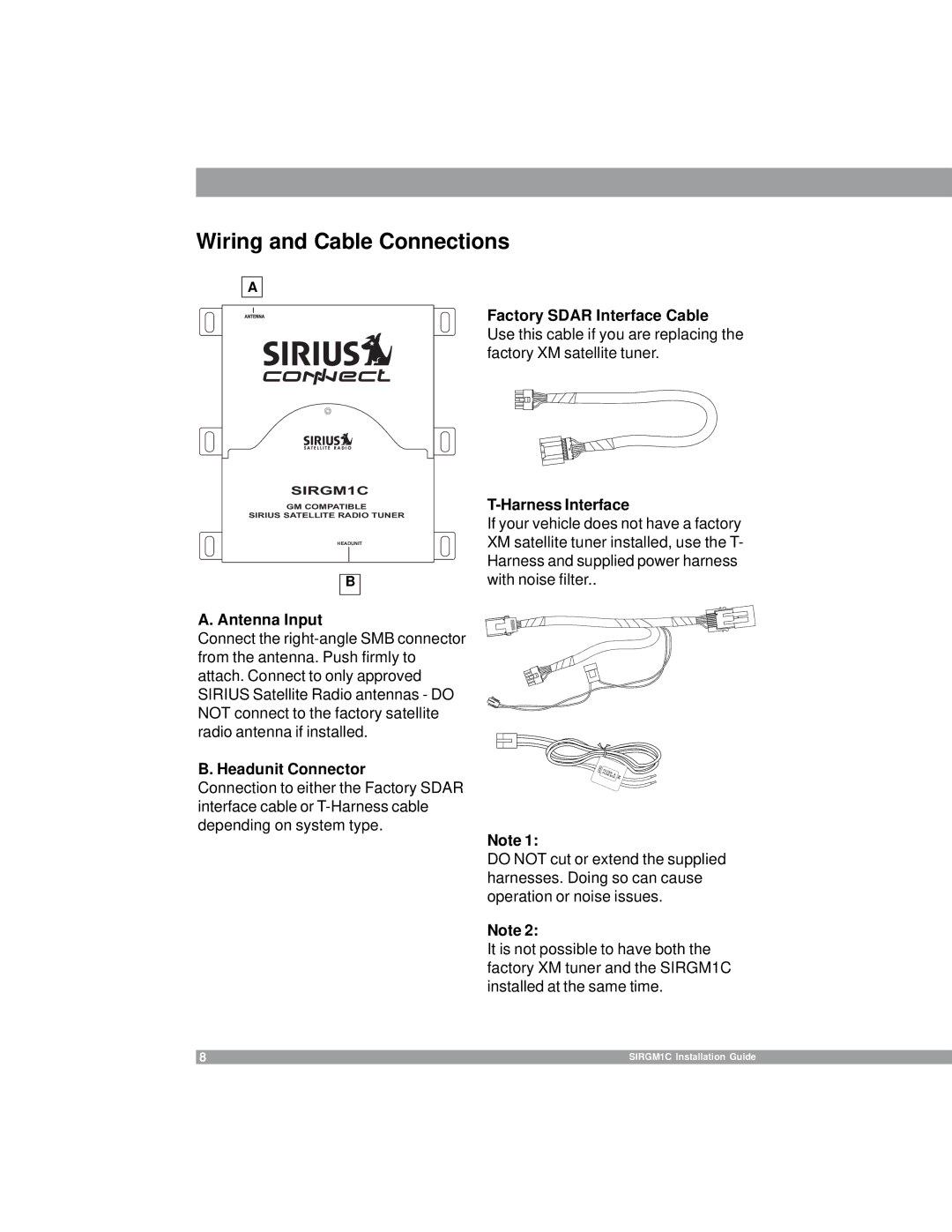 Sirius Satellite Radio 3SIR-GM1 manual Wiring and Cable Connections, Antenna Input, Headunit Connector 