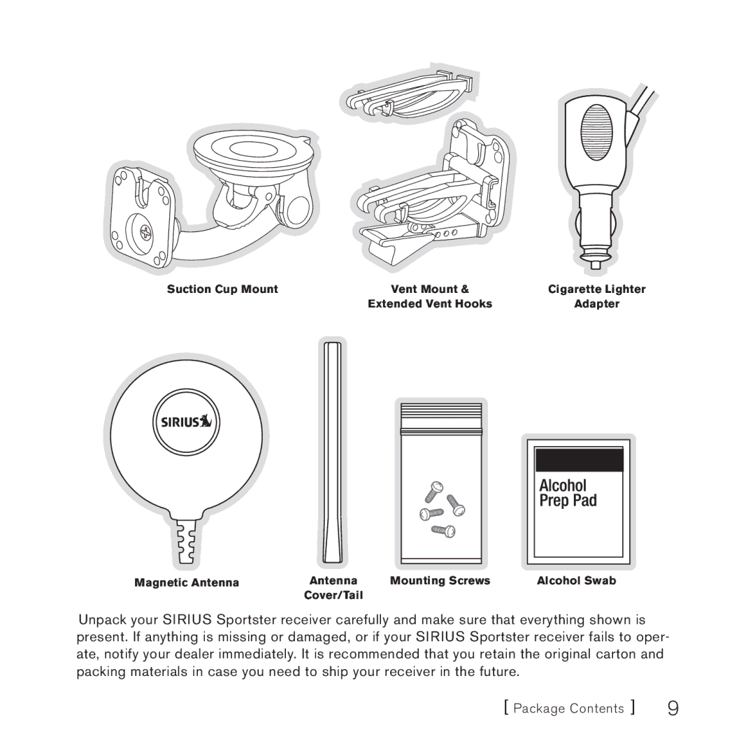 Sirius Satellite Radio 4 manual Package Contents 