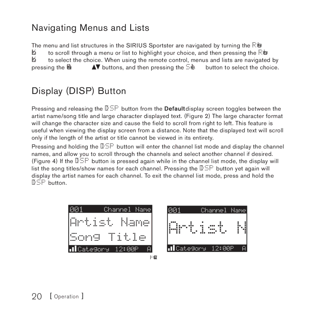 Sirius Satellite Radio 4 manual Navigating Menus and Lists, Display Disp Button 