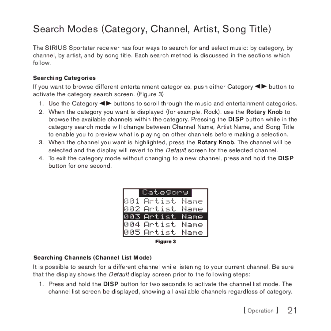 Sirius Satellite Radio 4 manual Search Modes Category, Channel, Artist, Song Title 