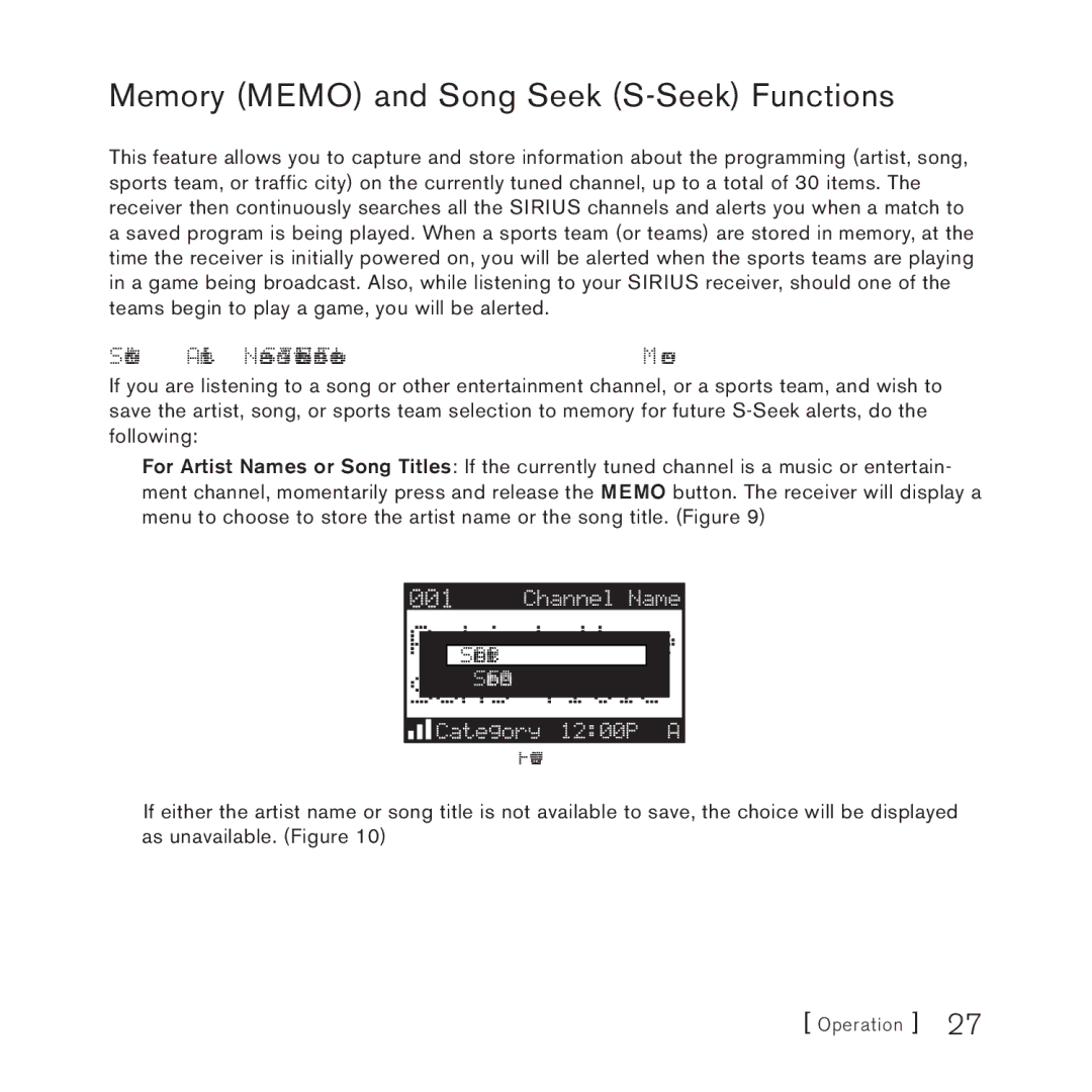 Sirius Satellite Radio 4 manual Memory Memo and Song Seek S-Seek Functions 