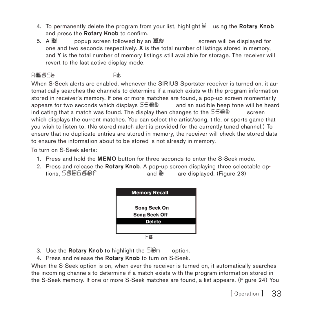 Sirius Satellite Radio 4 manual Activating the Song S-Seek Alert 