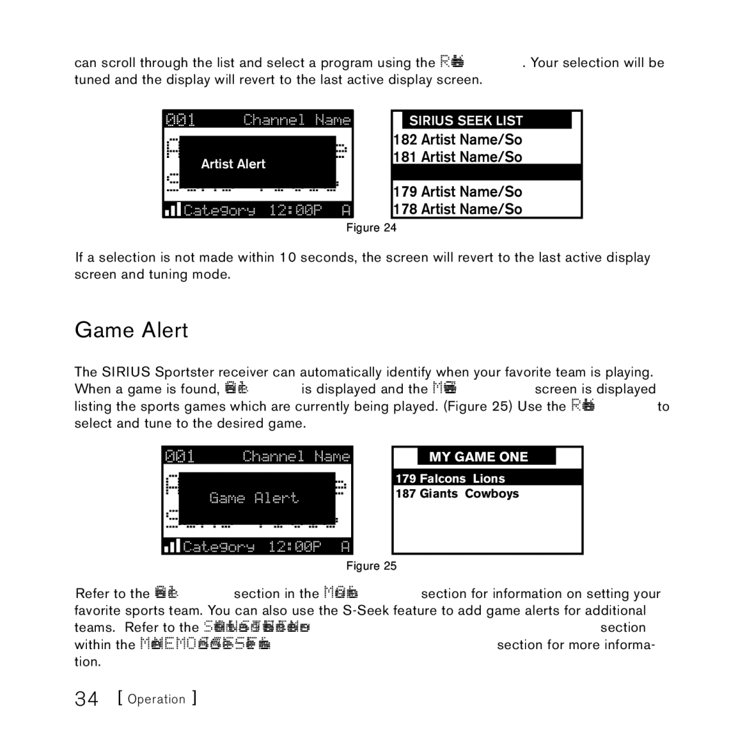 Sirius Satellite Radio 4 manual Game Alert, Artist Name/So 