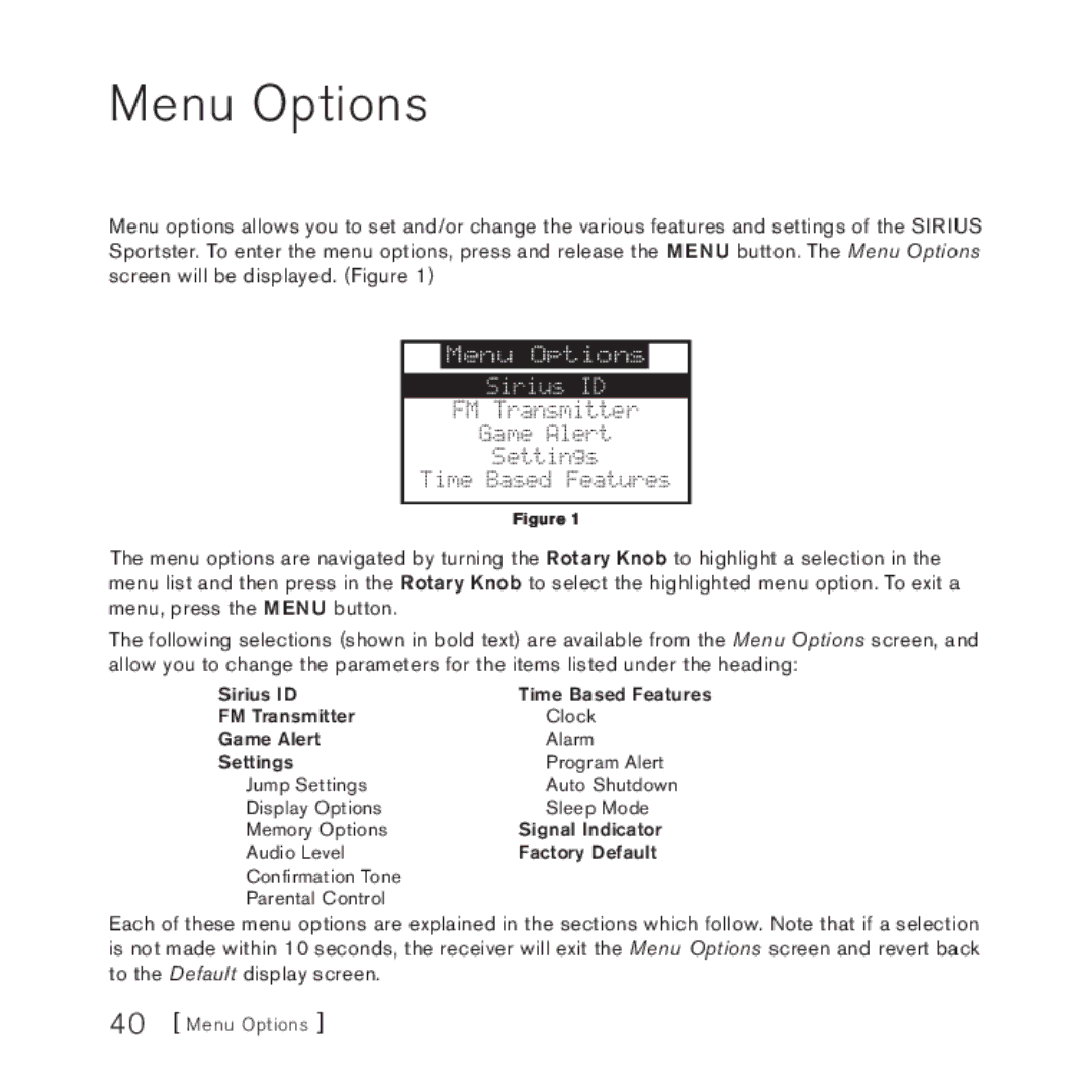 Sirius Satellite Radio 4 manual Menu Options 