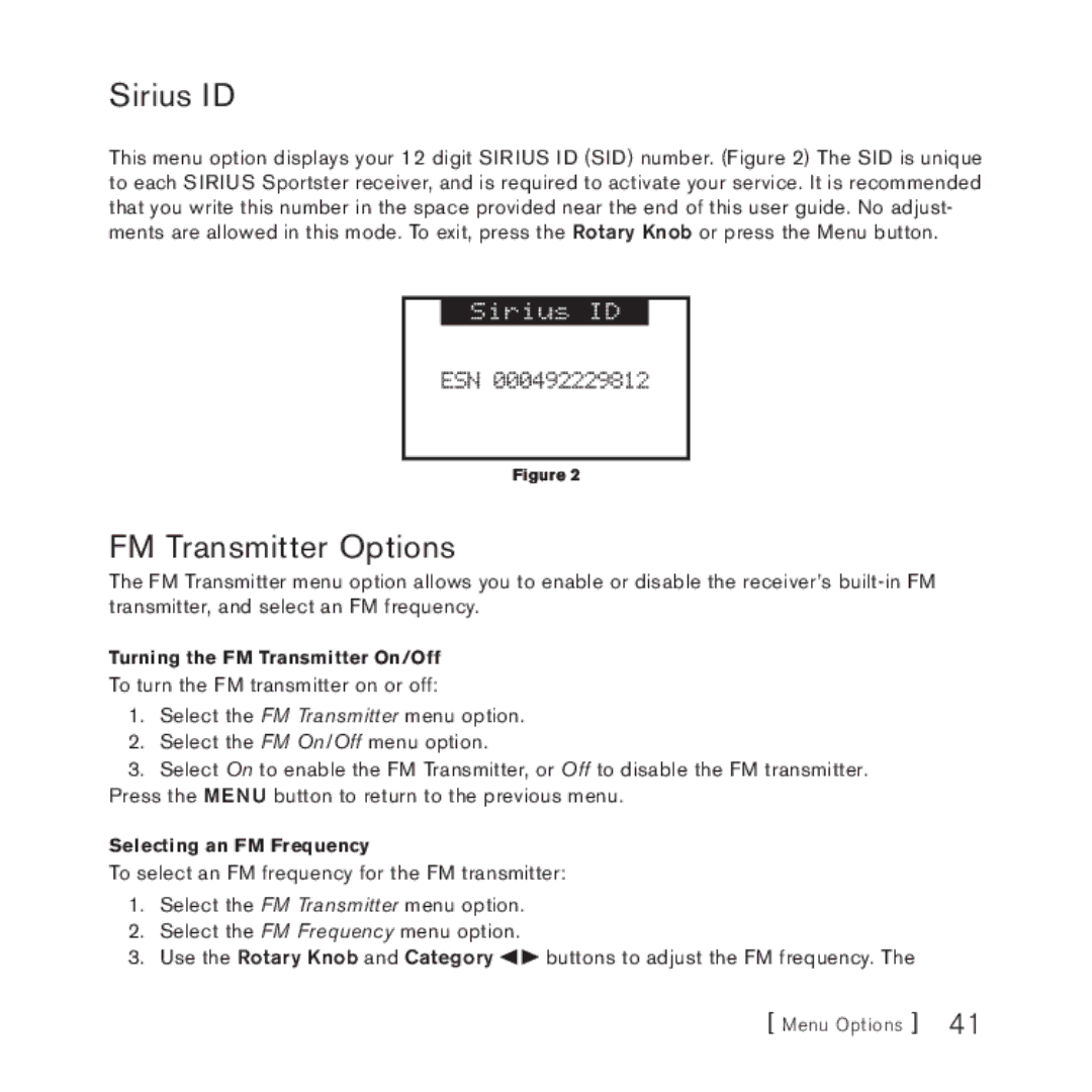 Sirius Satellite Radio 4 manual Sirius ID, FM Transmitter Options 