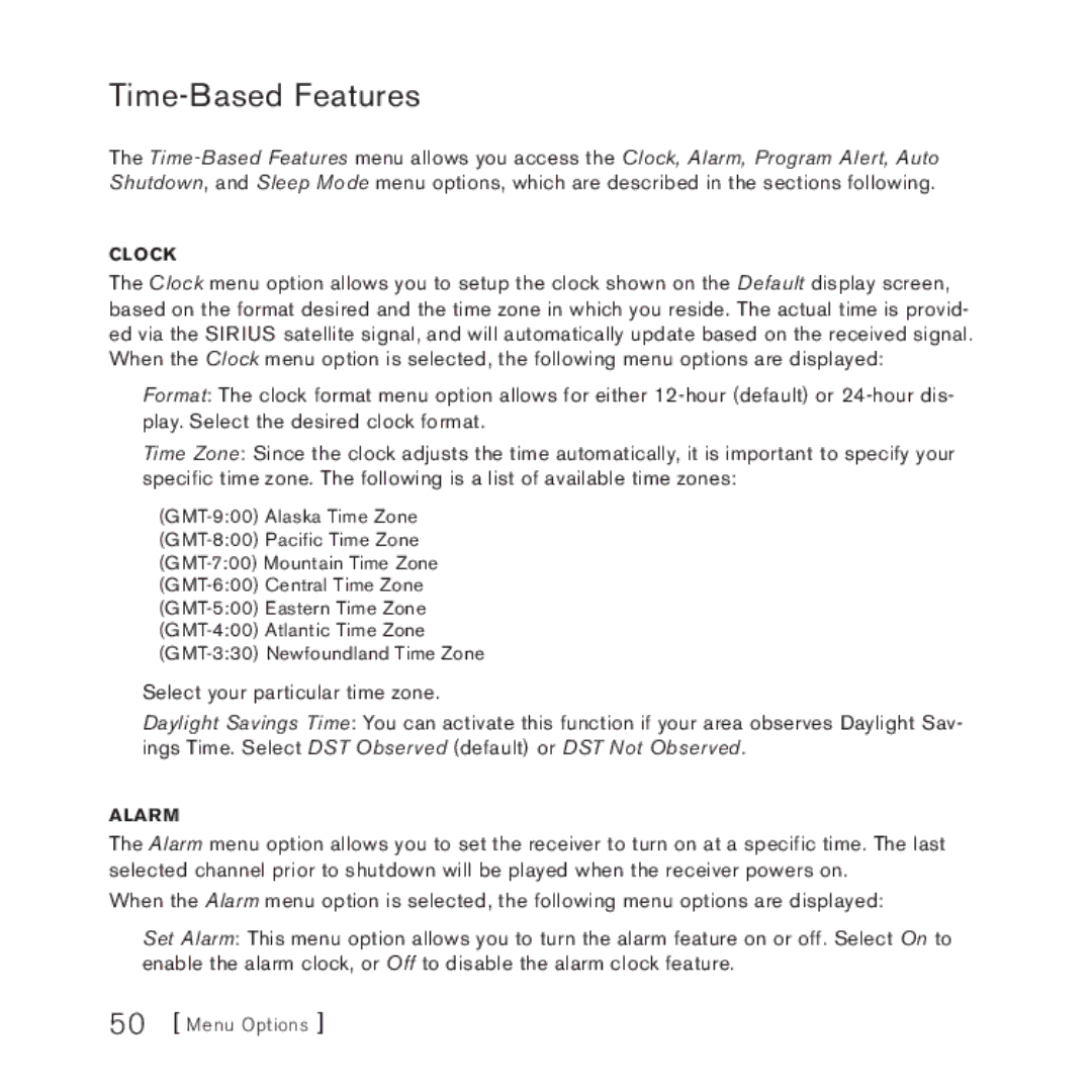 Sirius Satellite Radio 4 manual Time-Based Features, Clock 