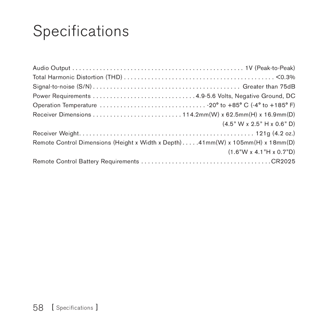 Sirius Satellite Radio 4 manual Specifications 