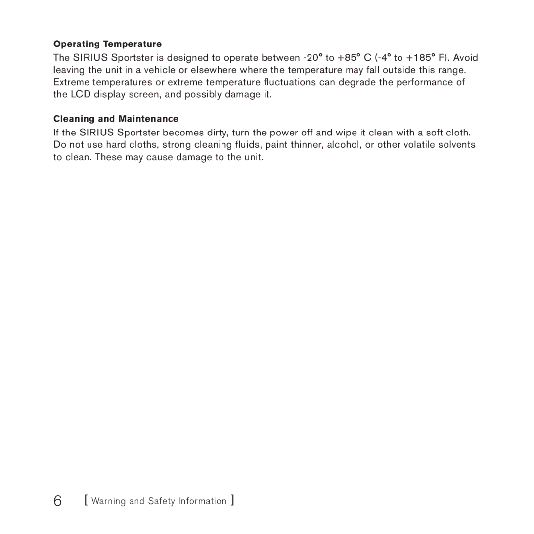 Sirius Satellite Radio 4 manual Operating Temperature 