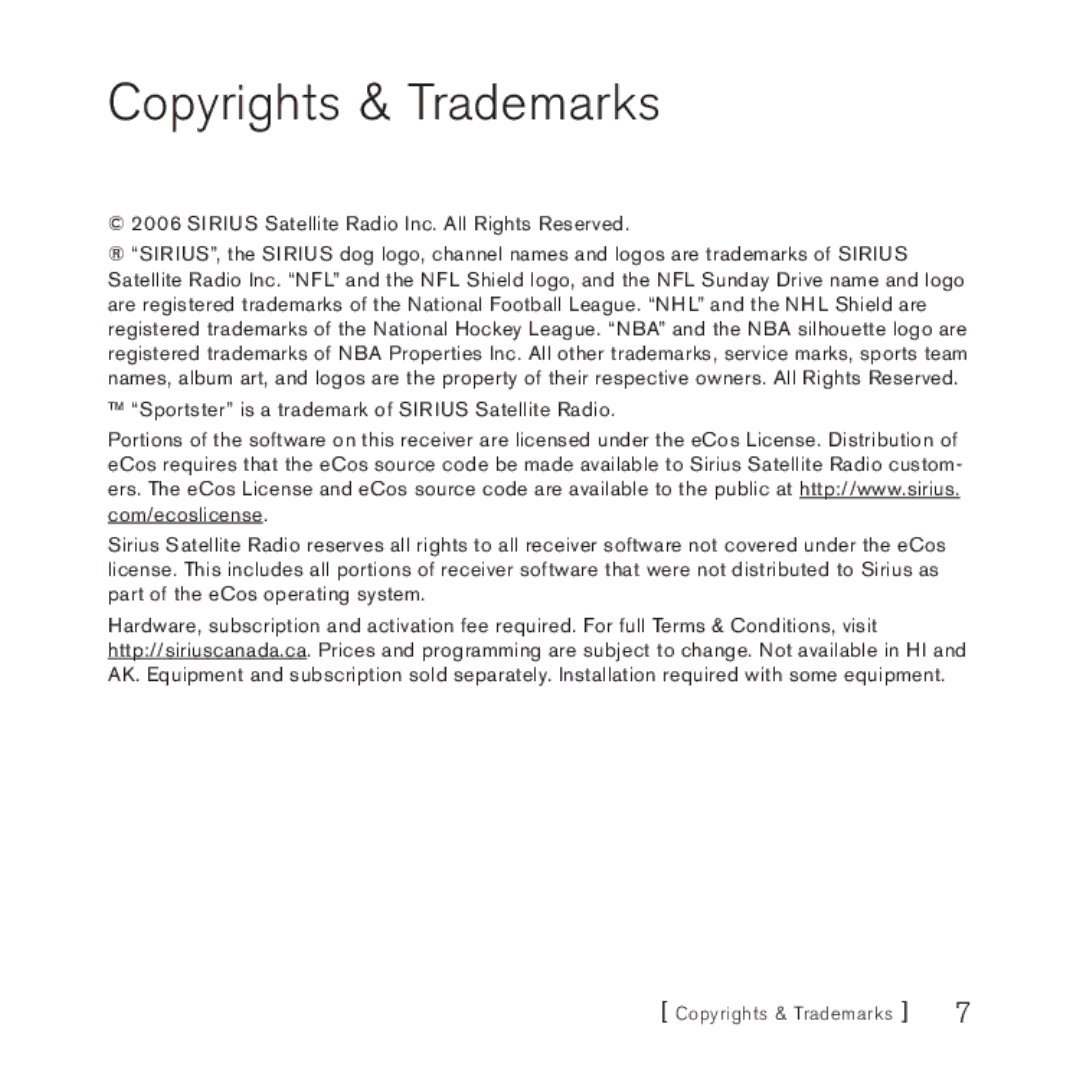 Sirius Satellite Radio 4 manual Copyrights & Trademarks 