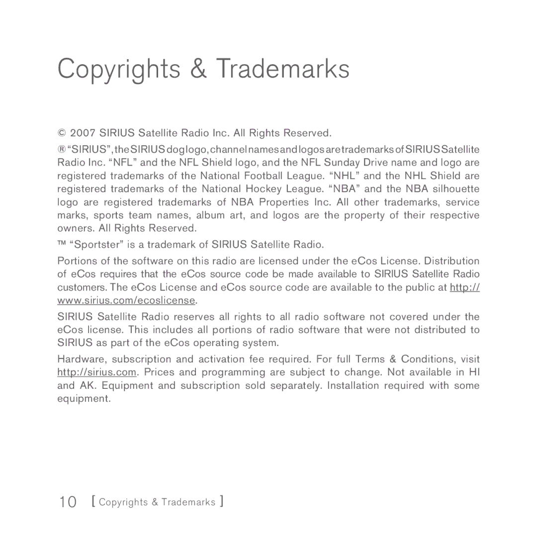 Sirius Satellite Radio 5 manual Copyrights & Trademarks 