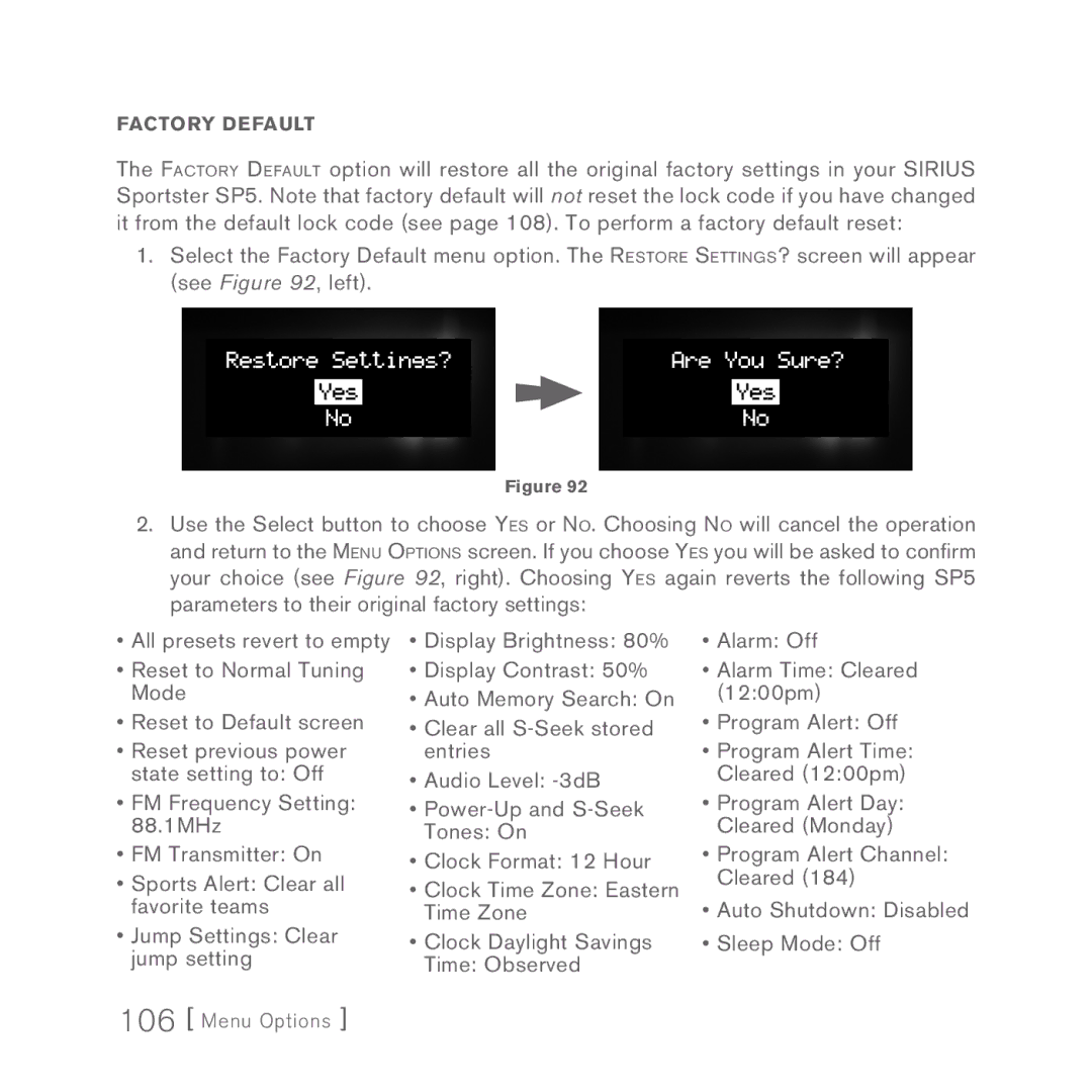 Sirius Satellite Radio 5 manual Factory Default 