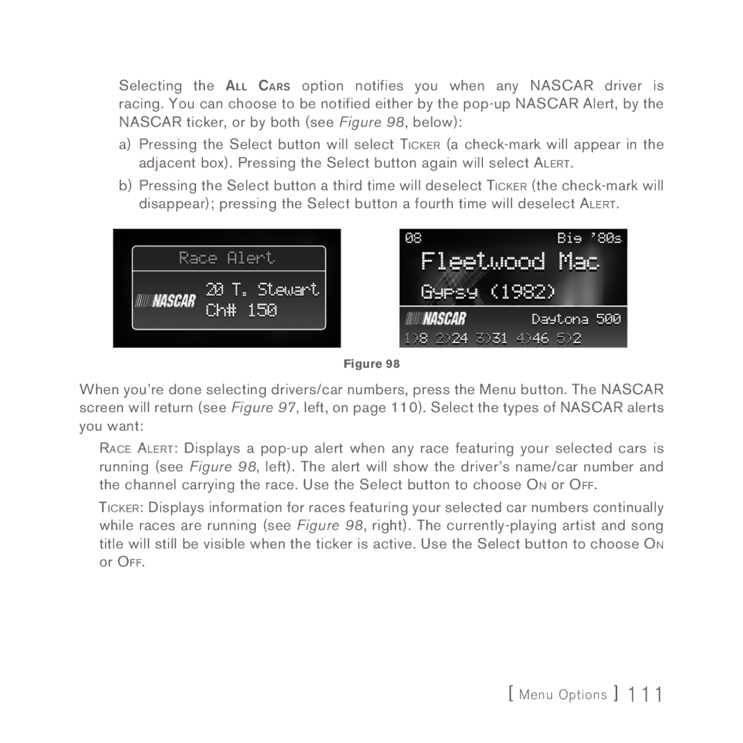 Sirius Satellite Radio 5 manual Menu Options 