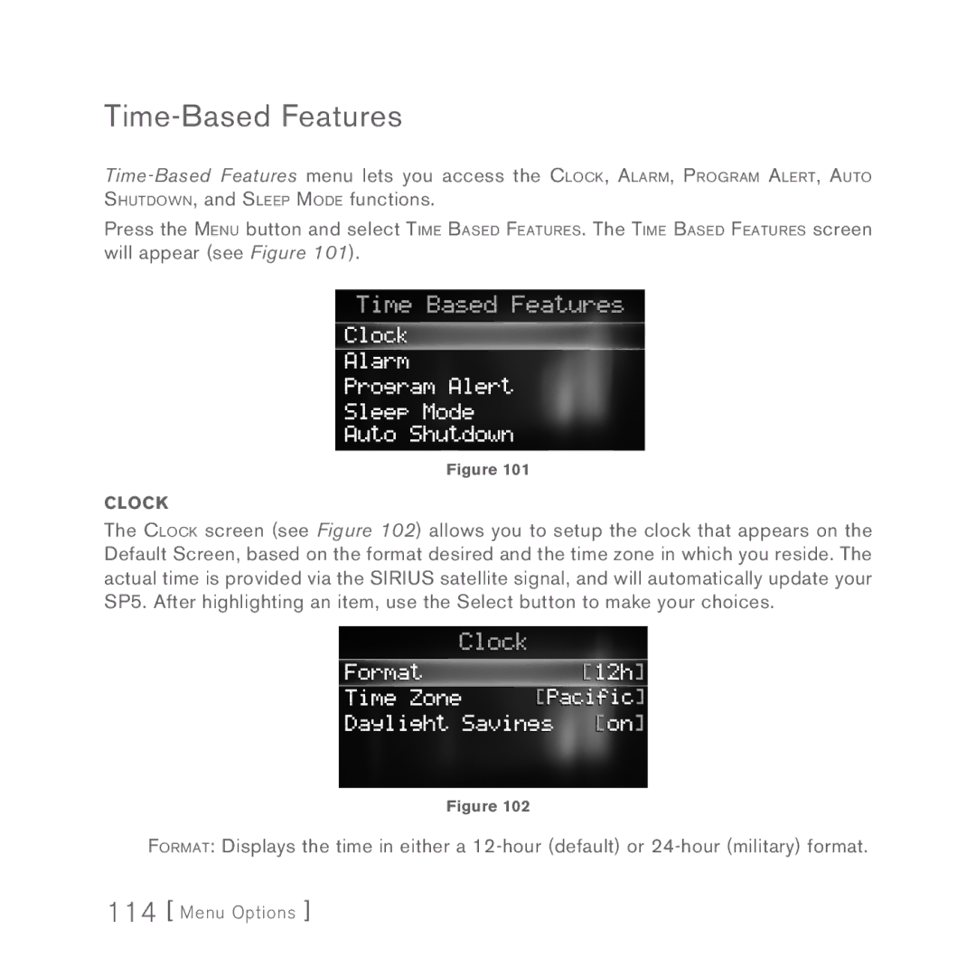 Sirius Satellite Radio 5 manual Time-Based Features, Clock 