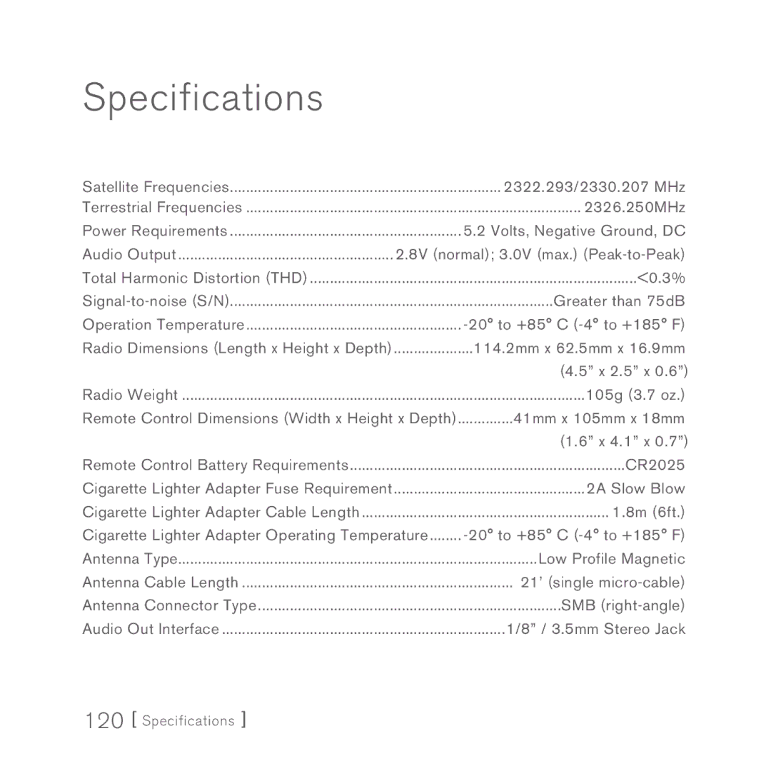 Sirius Satellite Radio 5 manual Specifications 