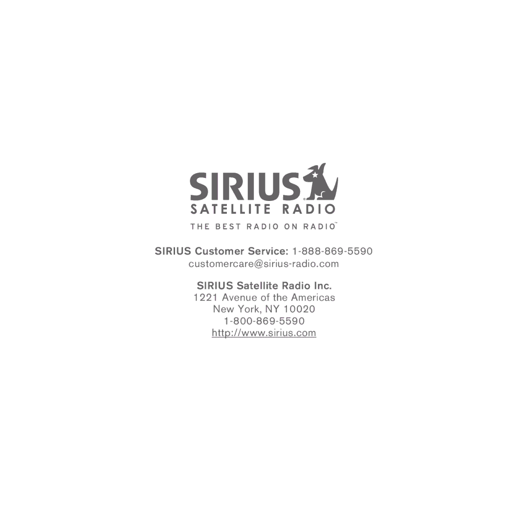 Sirius Satellite Radio 5 manual Sirius Customer Service Customercare@sirius-radio.com 