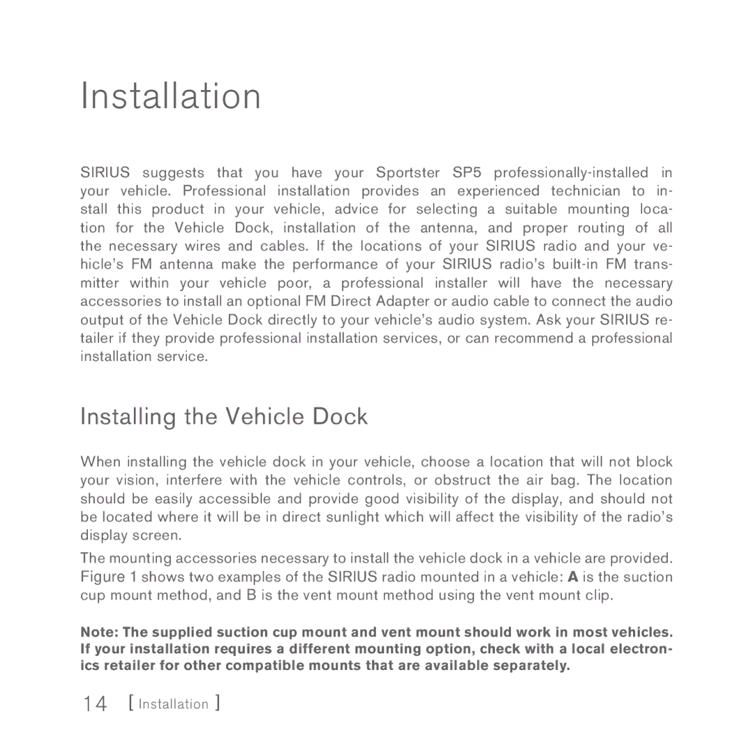 Sirius Satellite Radio 5 manual Installation, Installing the Vehicle Dock 