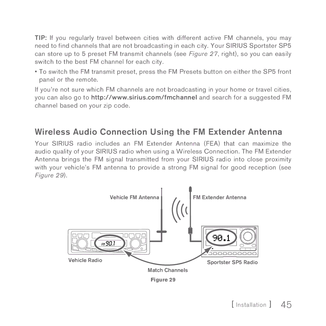 Sirius Satellite Radio 5 manual Wireless Audio Connection Using the FM Extender Antenna 