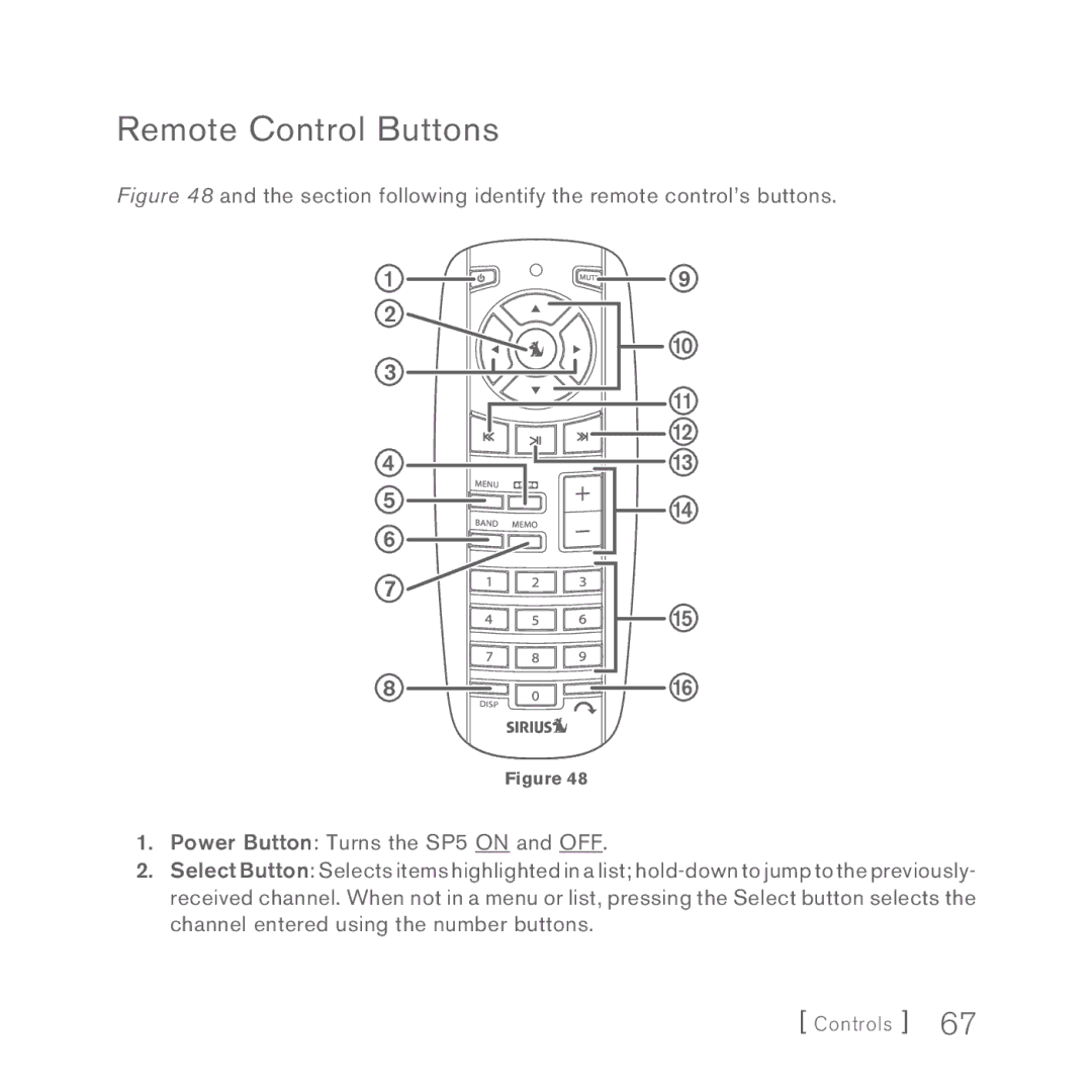 Sirius Satellite Radio 5 manual Remote Control Buttons 