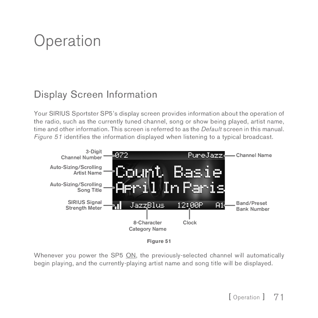 Sirius Satellite Radio 5 manual Operation, Display Screen Information 