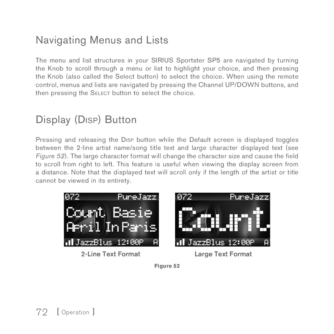 Sirius Satellite Radio 5 manual Navigating Menus and Lists, Display Disp Button 