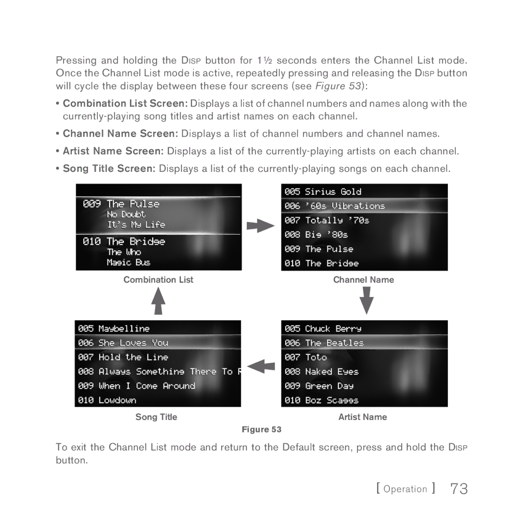 Sirius Satellite Radio 5 manual Combination List Channel Name Song Title Artist Name 