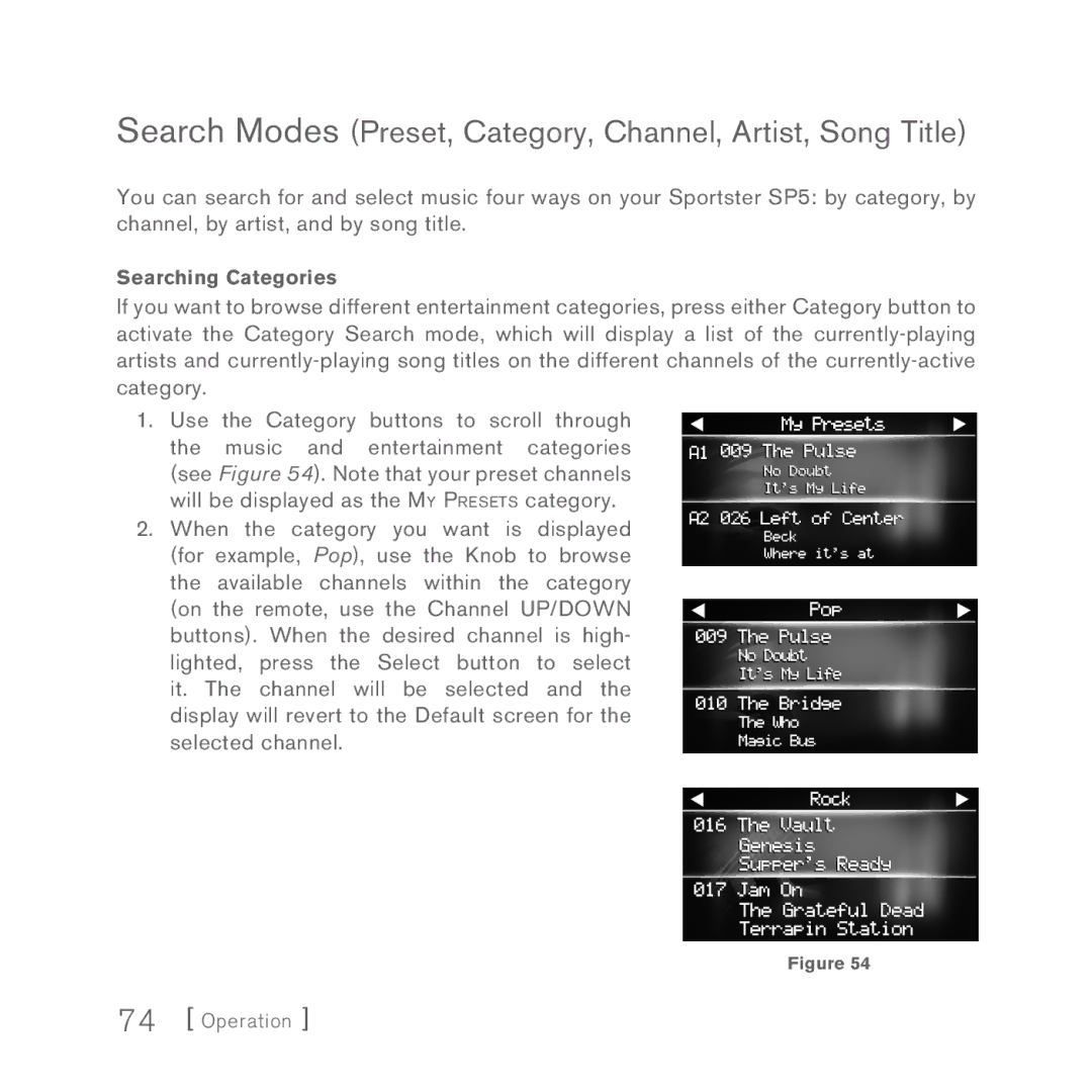 Sirius Satellite Radio 5 manual Search Modes Preset, Category, Channel, Artist, Song Title 