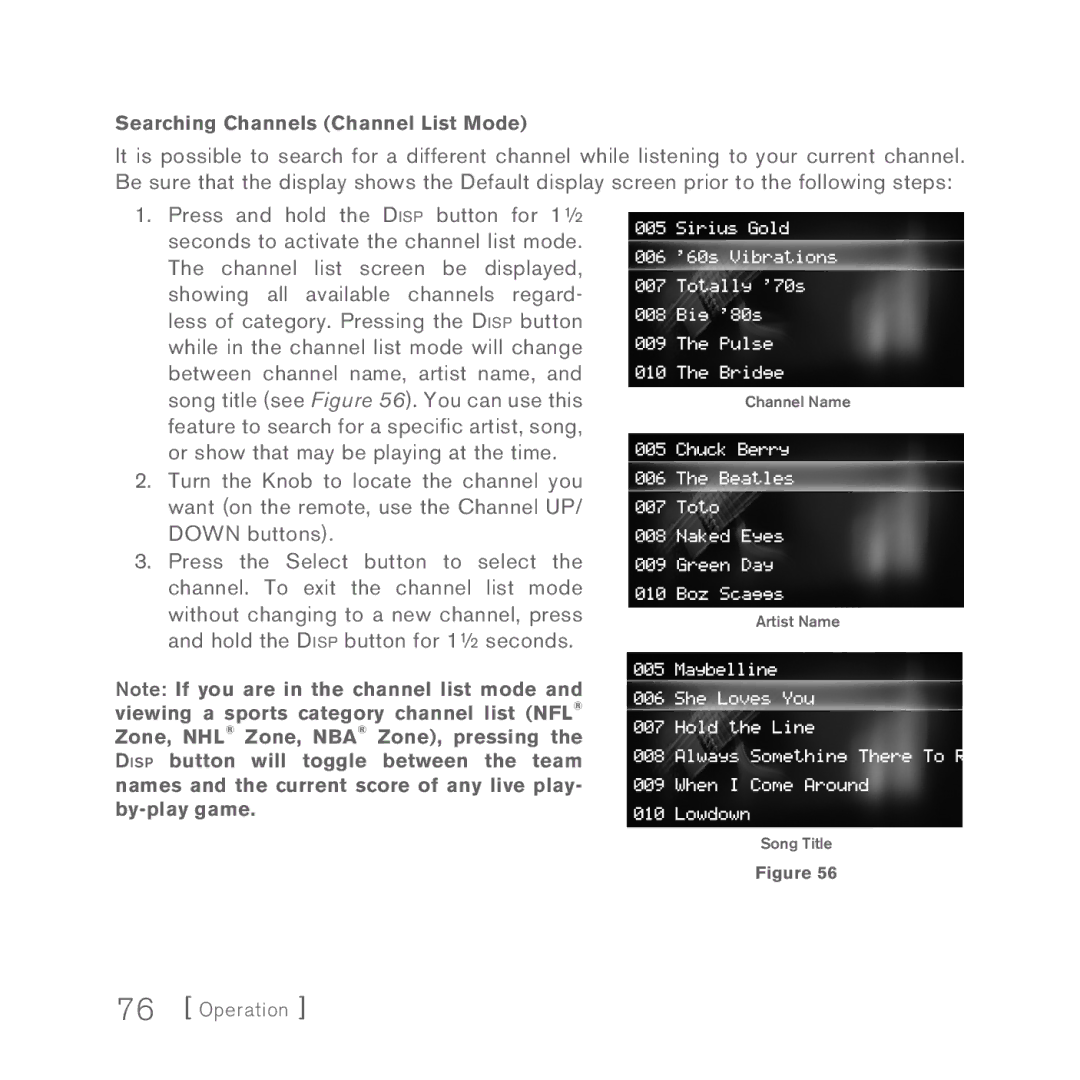 Sirius Satellite Radio 5 manual Searching Channels Channel List Mode 