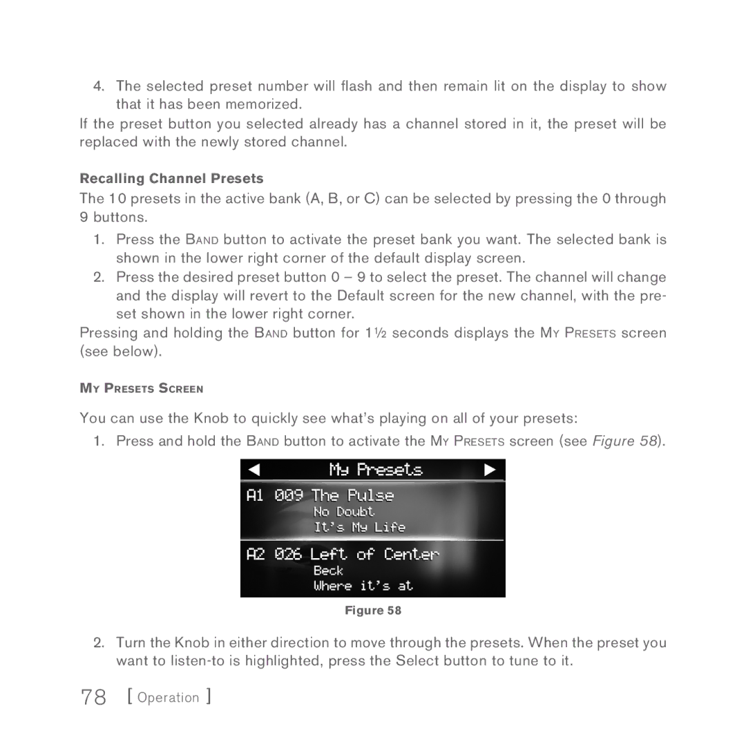 Sirius Satellite Radio 5 manual Recalling Channel Presets 