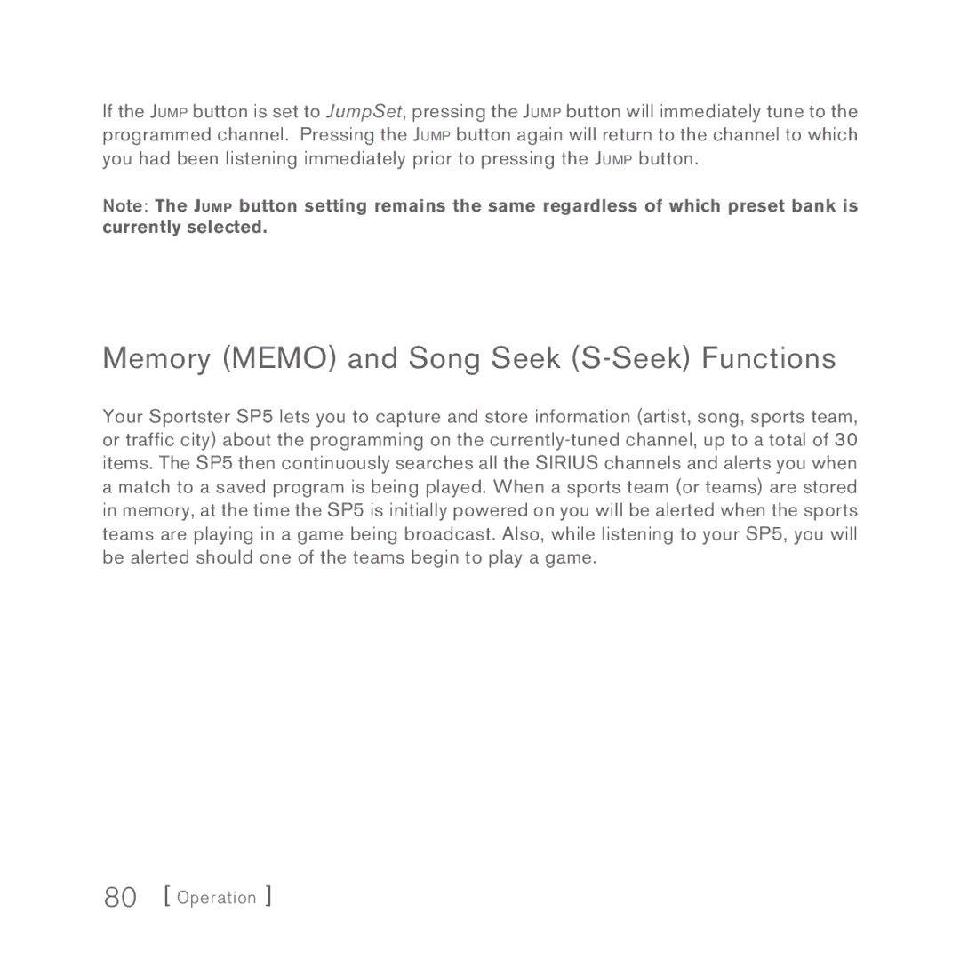 Sirius Satellite Radio 5 manual Memory Memo and Song Seek S-Seek Functions 