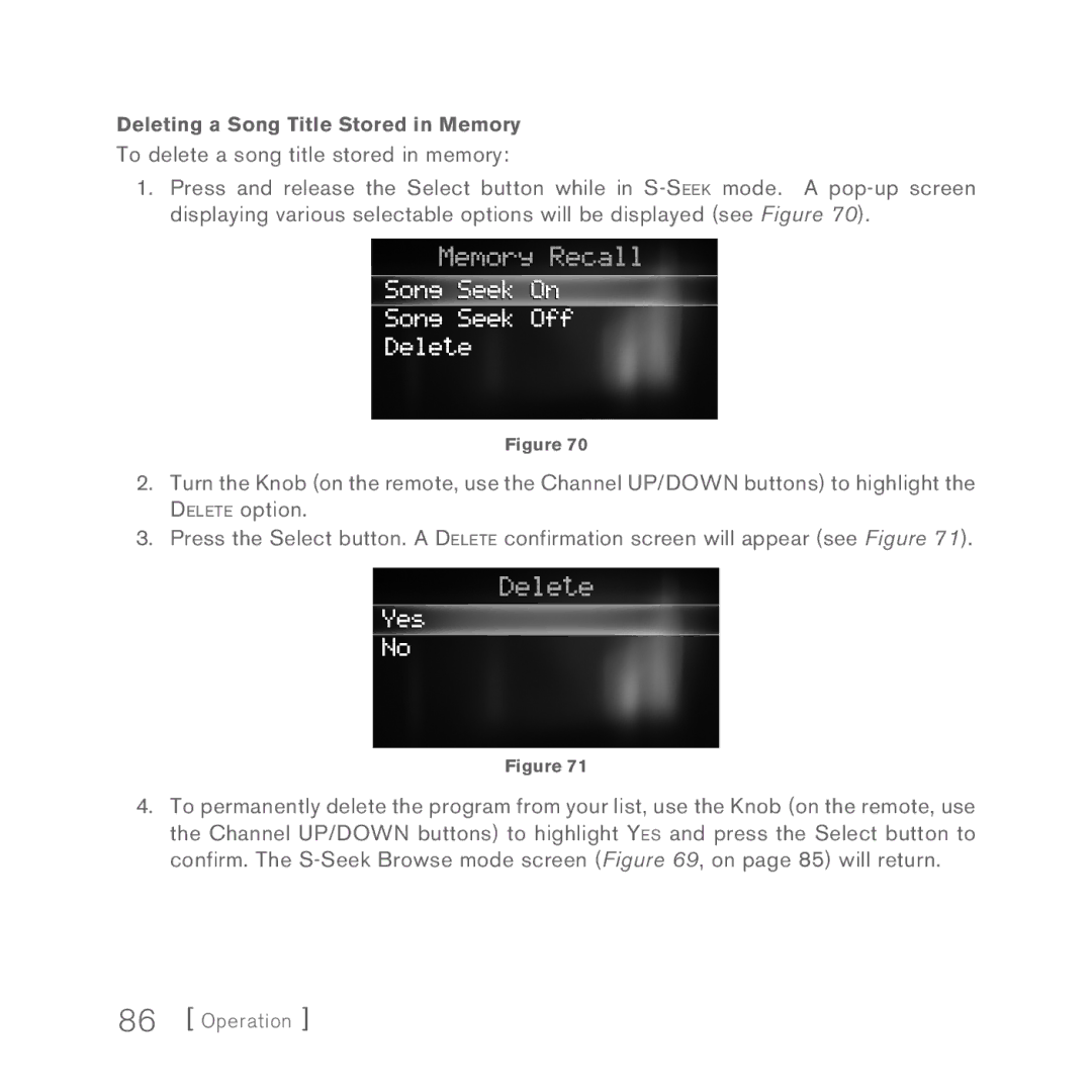 Sirius Satellite Radio 5 manual Deleting a Song Title Stored in Memory 