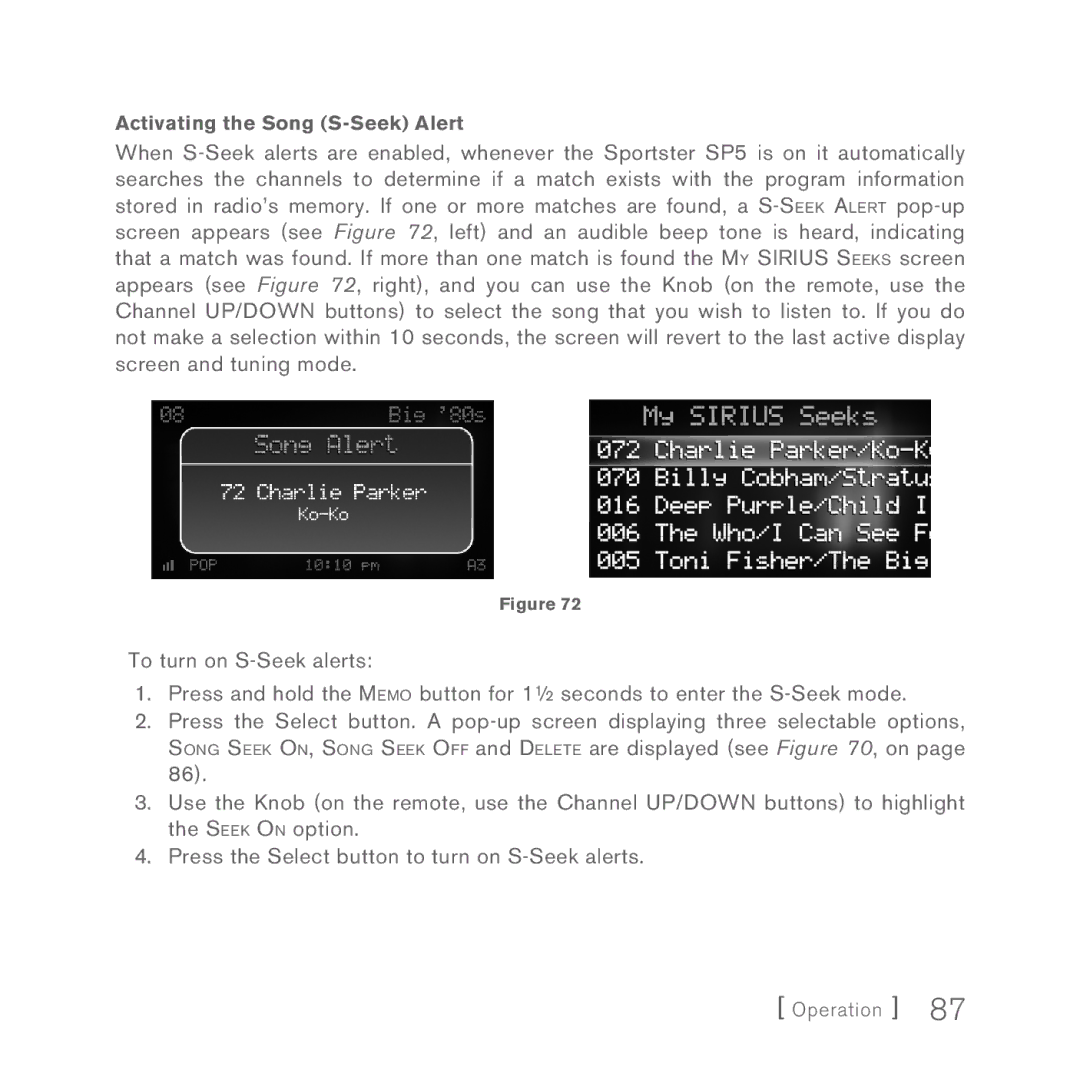 Sirius Satellite Radio 5 manual Activating the Song S-Seek Alert 