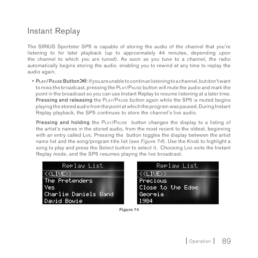 Sirius Satellite Radio 5 manual Instant Replay 