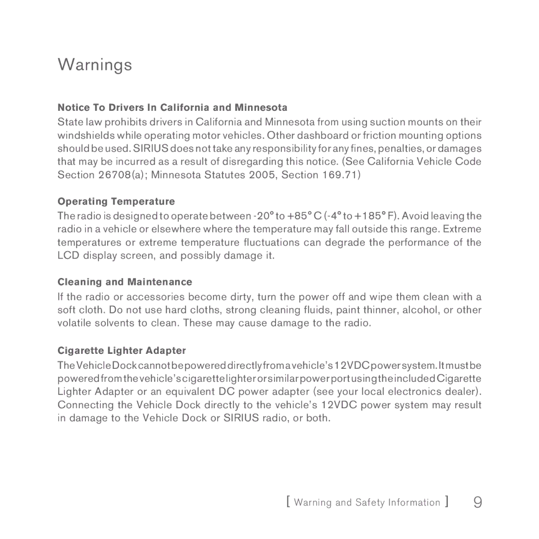 Sirius Satellite Radio 5 manual Operating Temperature 