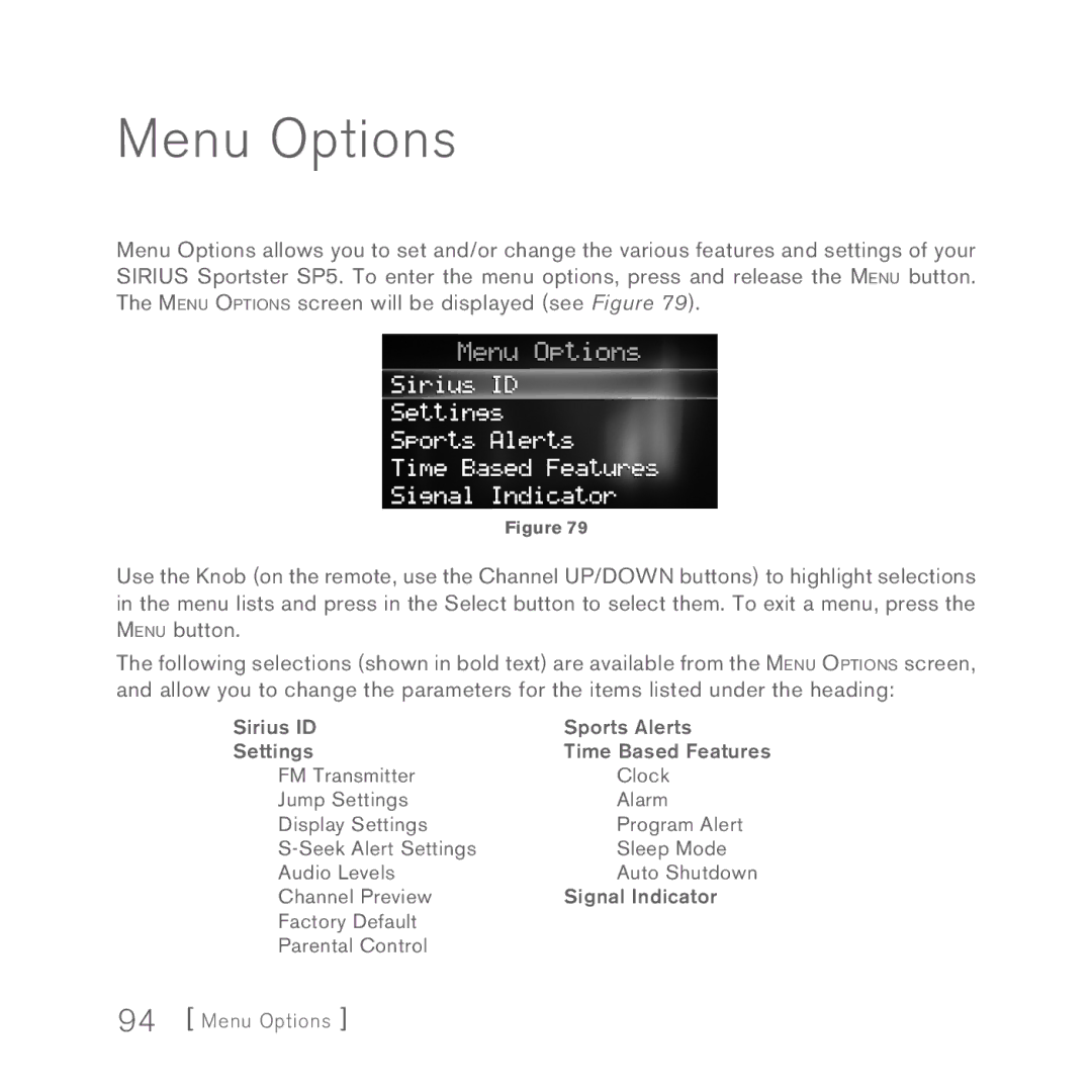 Sirius Satellite Radio 5 manual Menu Options 