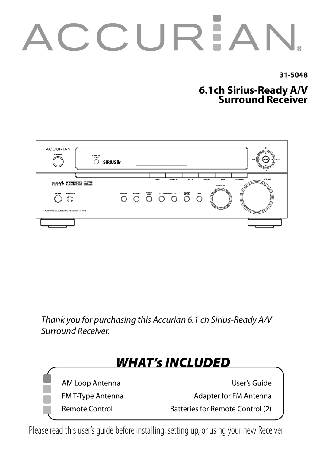 Sirius Satellite Radio 6.1ch Sirius-Ready A/V Surround Receiver manual WHAT’s Included, 31-5048 