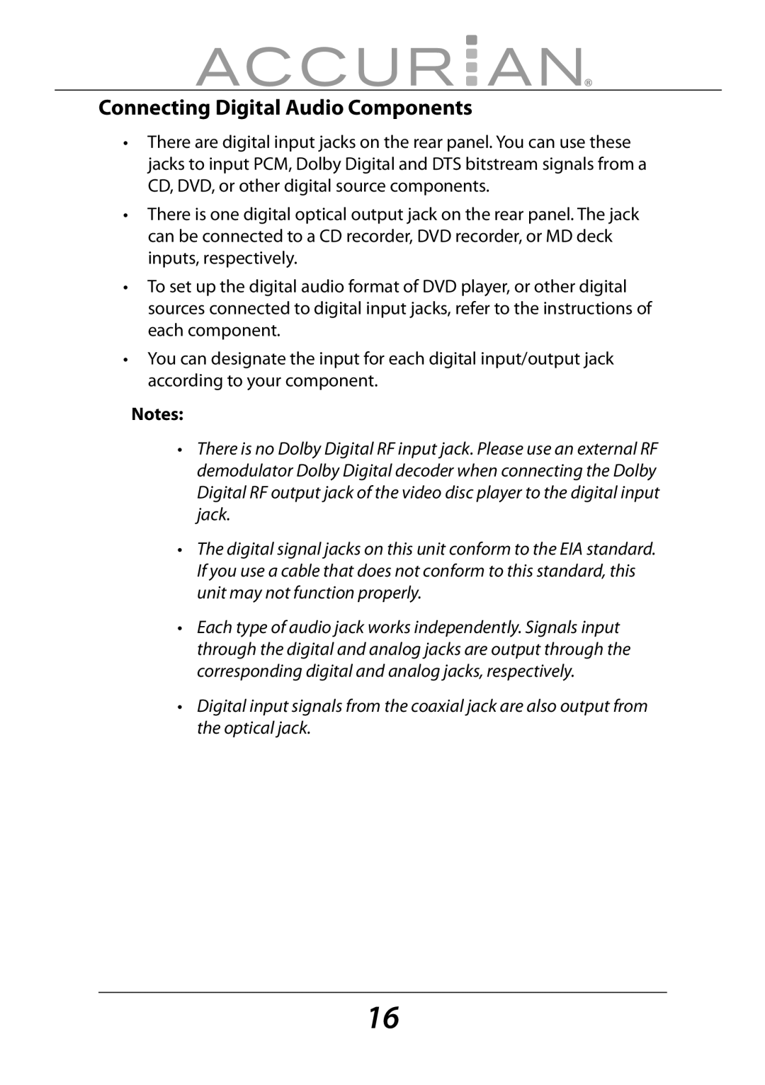 Sirius Satellite Radio 6.1ch Sirius-Ready A/V Surround Receiver manual Connecting Digital Audio Components 