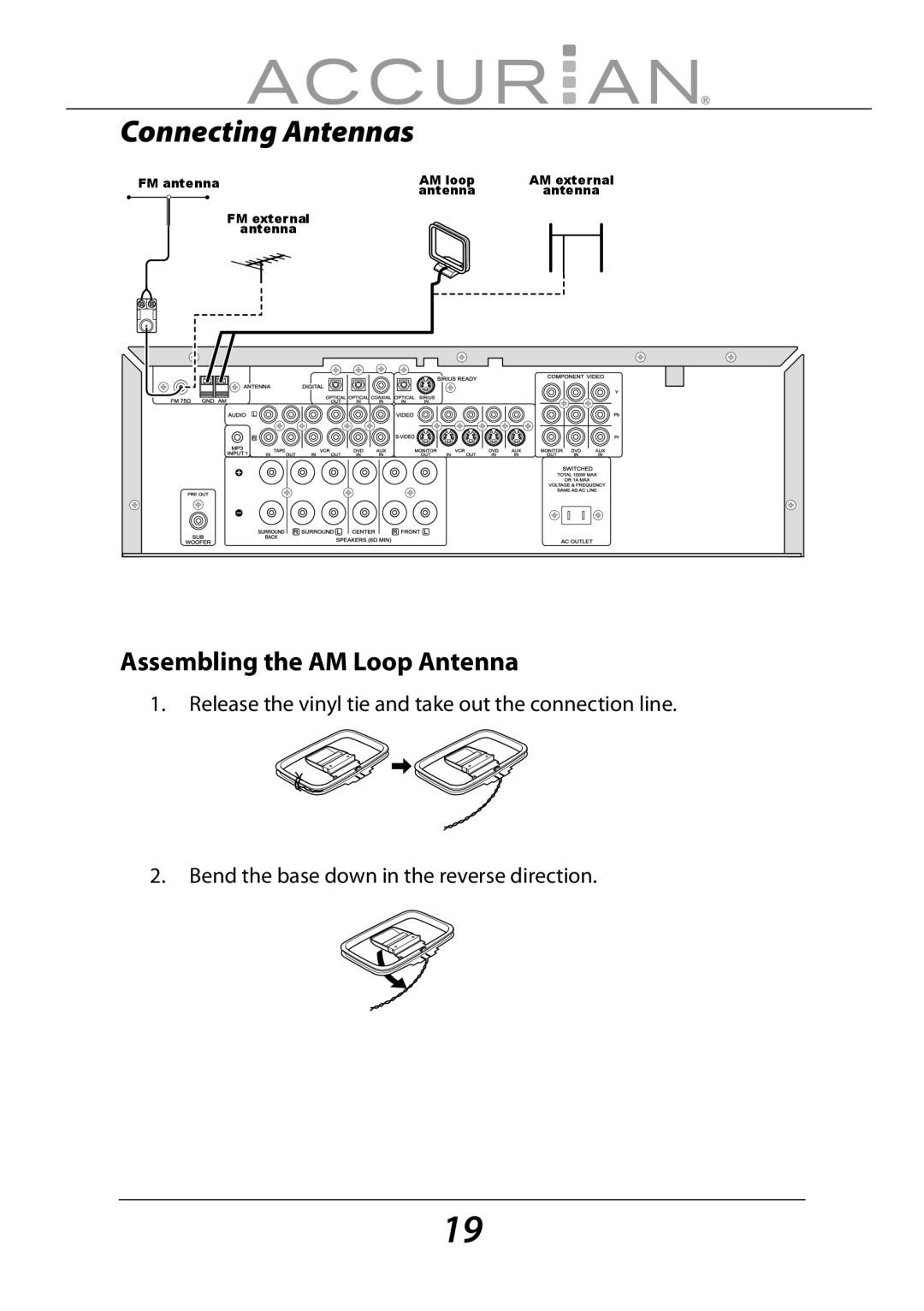 Sirius Satellite Radio 6.1ch Sirius-Ready A/V Surround Receiver manual Connecting Antennas, Assembling the AM Loop Antenna 