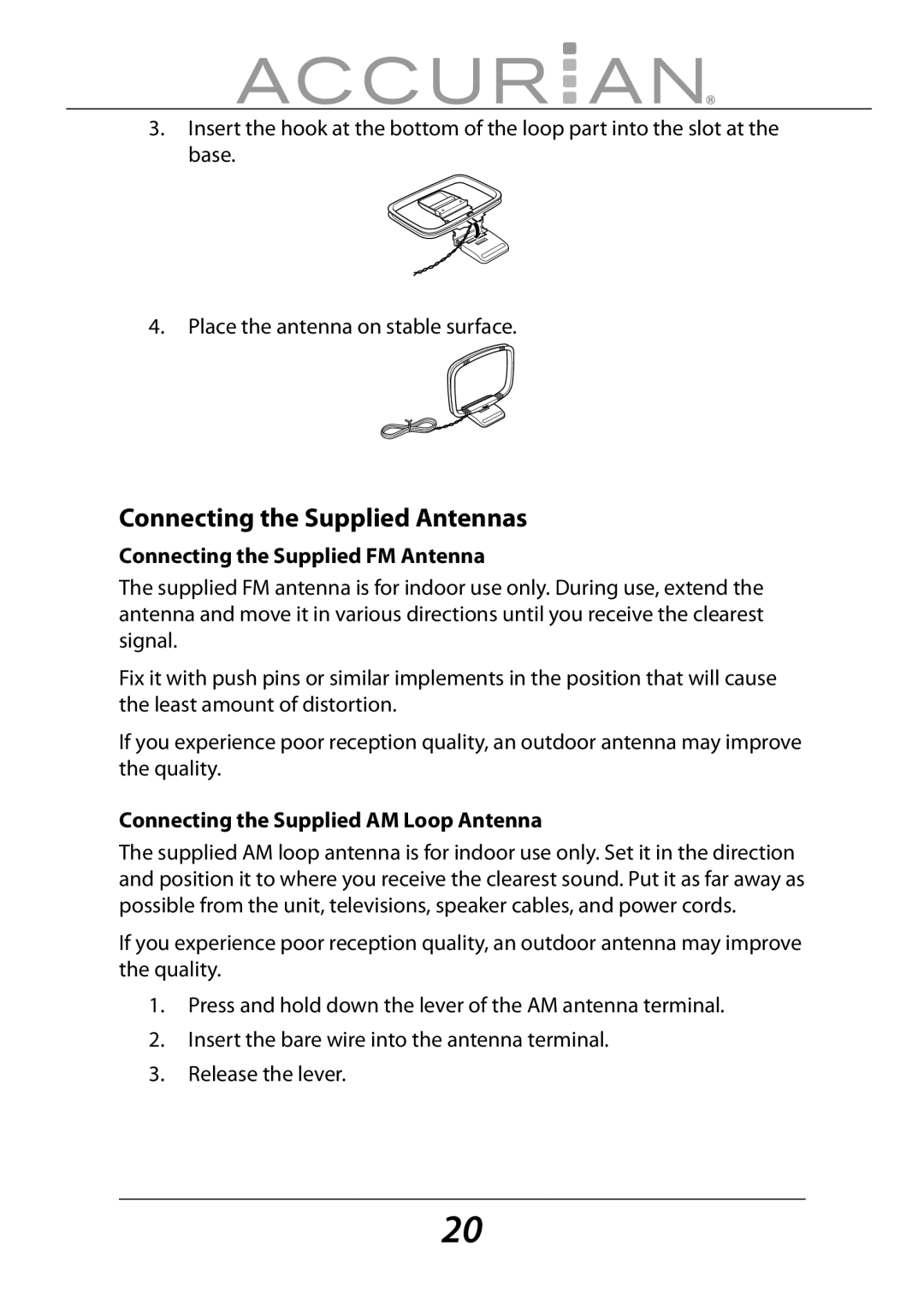 Sirius Satellite Radio 6.1ch Sirius-Ready A/V Surround Receiver manual Connecting the Supplied Antennas 