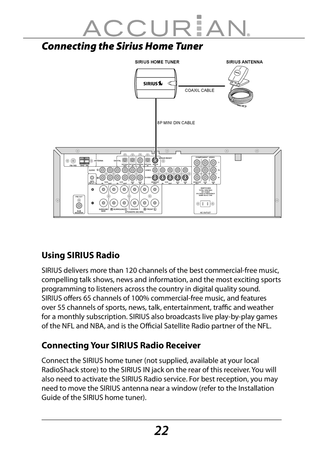 Sirius Satellite Radio 6.1ch Sirius-Ready A/V Surround Receiver manual Connecting the Sirius Home Tuner, Using Sirius Radio 