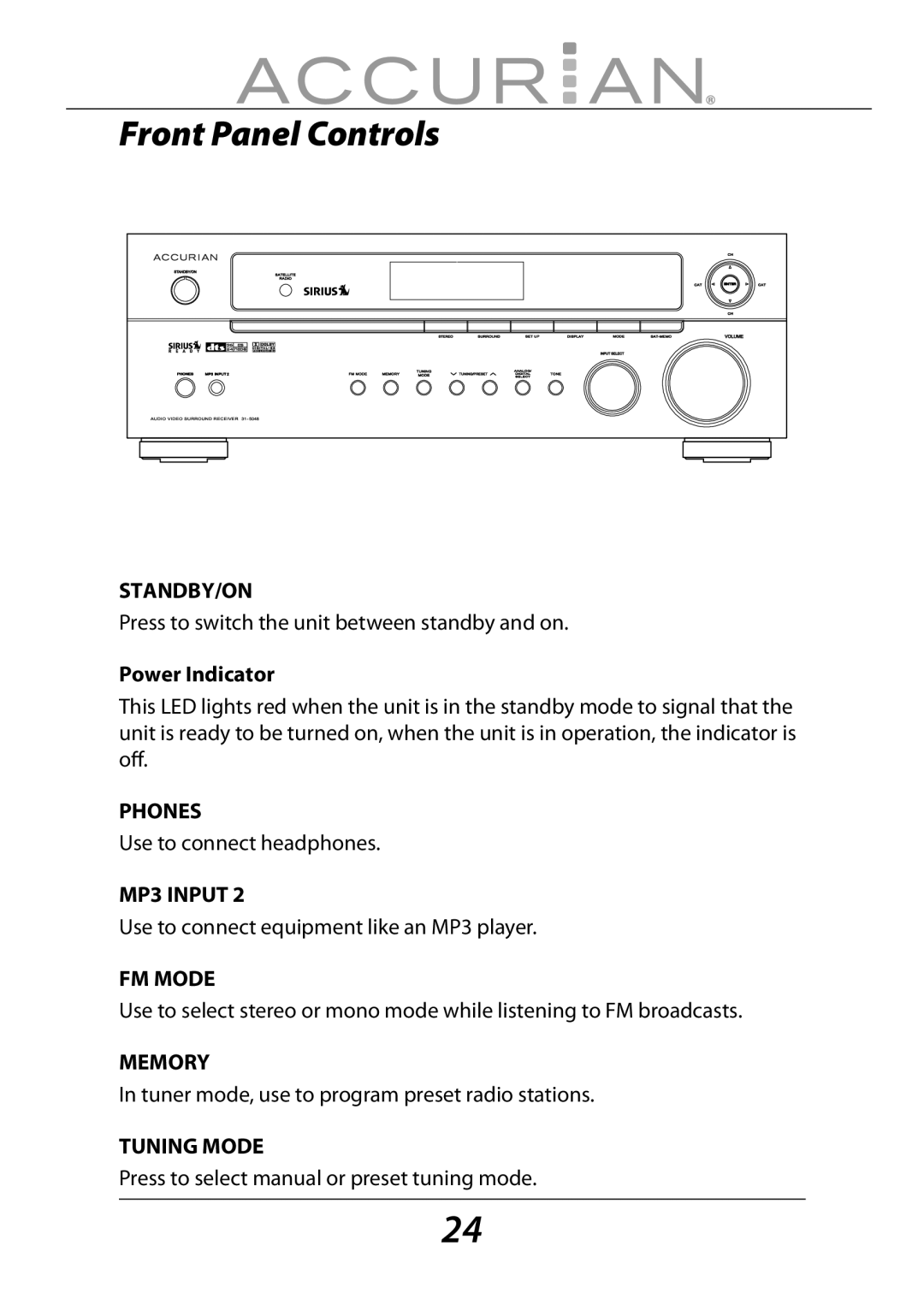 Sirius Satellite Radio 6.1ch Sirius-Ready A/V Surround Receiver manual Front Panel Controls, Power Indicator 