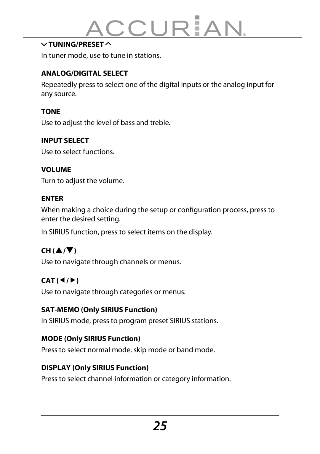 Sirius Satellite Radio 6.1ch Sirius-Ready A/V Surround Receiver manual Ch S/T, CAT e/f, SAT-MEMO Only Sirius Function 