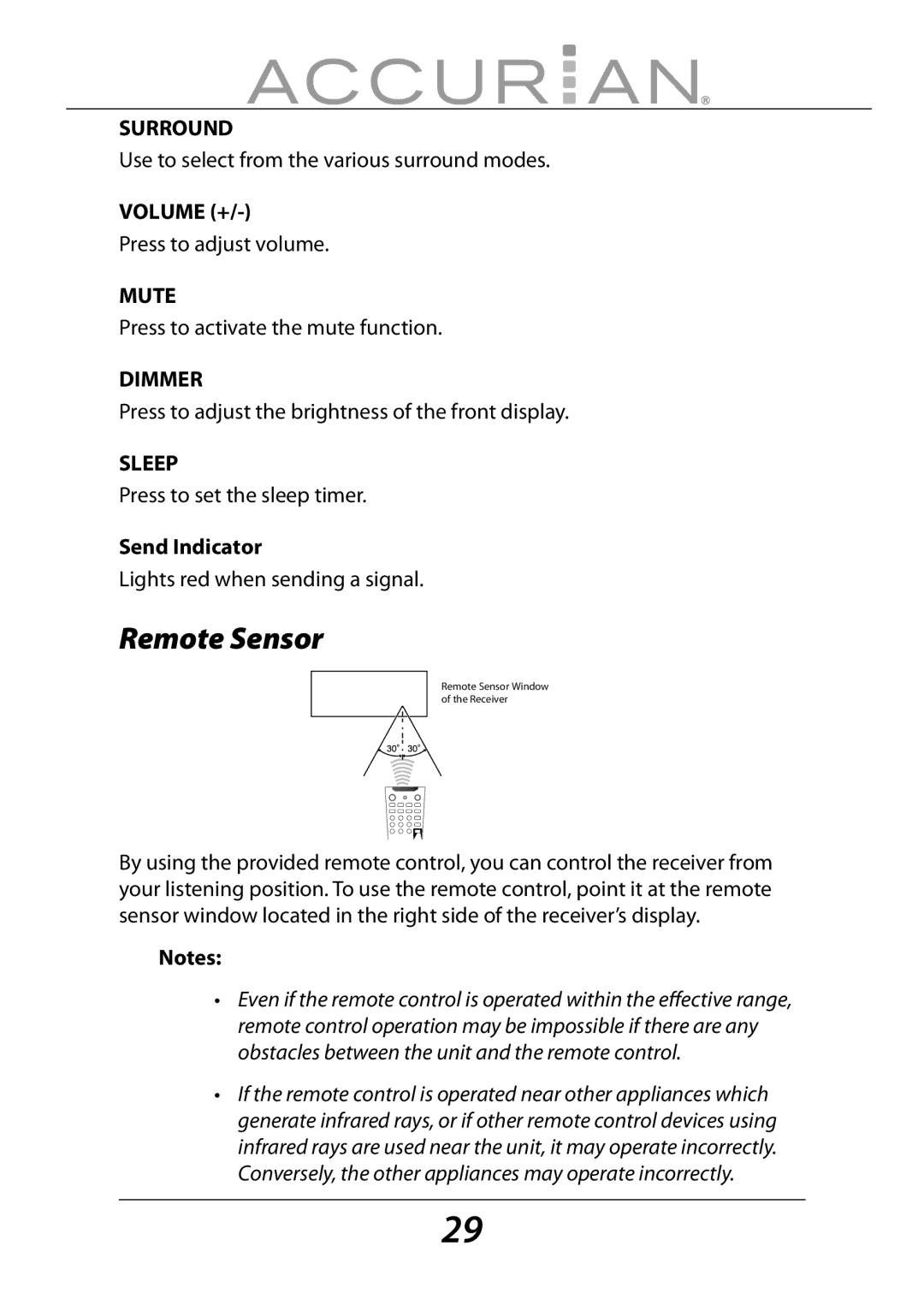 Sirius Satellite Radio 6.1ch Sirius-Ready A/V Surround Receiver manual Remote Sensor, Volume +, Send Indicator 