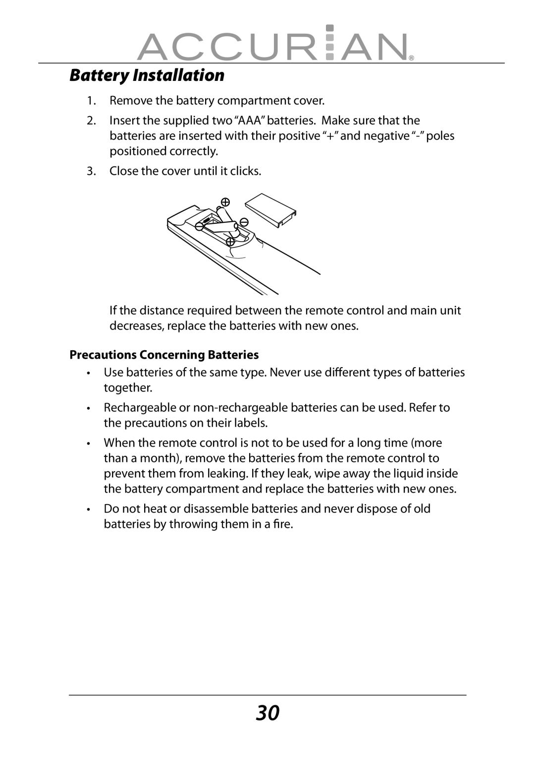 Sirius Satellite Radio 6.1ch Sirius-Ready A/V Surround Receiver Battery Installation, Precautions Concerning Batteries 