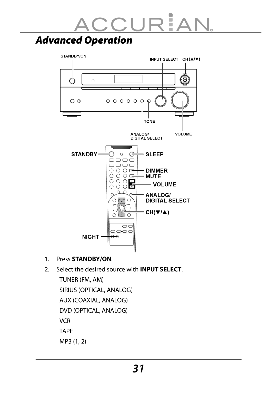 Sirius Satellite Radio 6.1ch Sirius-Ready A/V Surround Receiver manual Press STANDBY/ON 