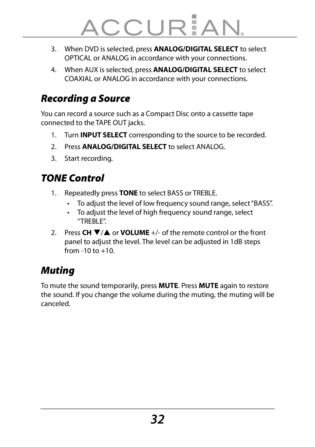 Sirius Satellite Radio 6.1ch Sirius-Ready A/V Surround Receiver manual Recording a Source, Tone Control, Muting 